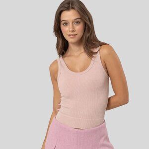 Plain Round Neck Ribbed Stone Washed Tank Tops - Color Baby Pink